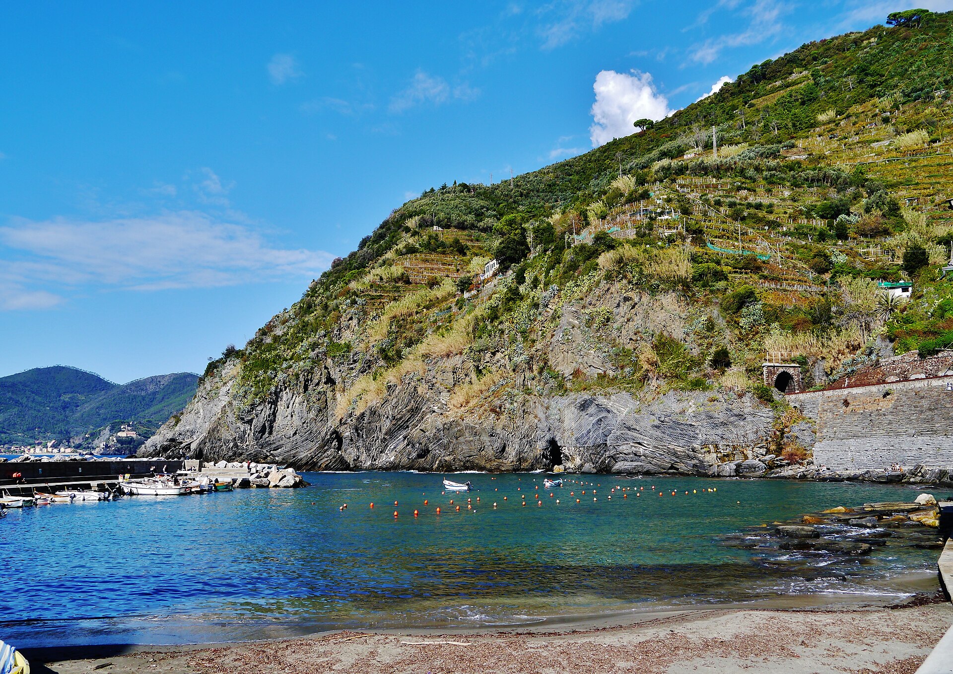 El pequeño puerto de Vernazza en Cinque Terre, con laderas en terrazas detrás