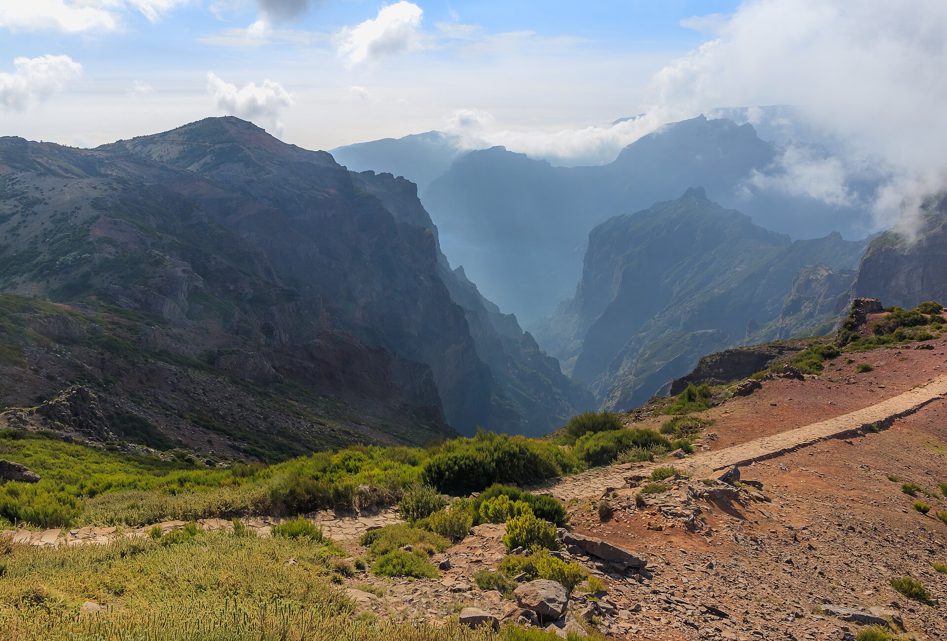 Montañas verdes y escarpadas y valles profundos vistos desde el Pico do Arieiro en Madeira