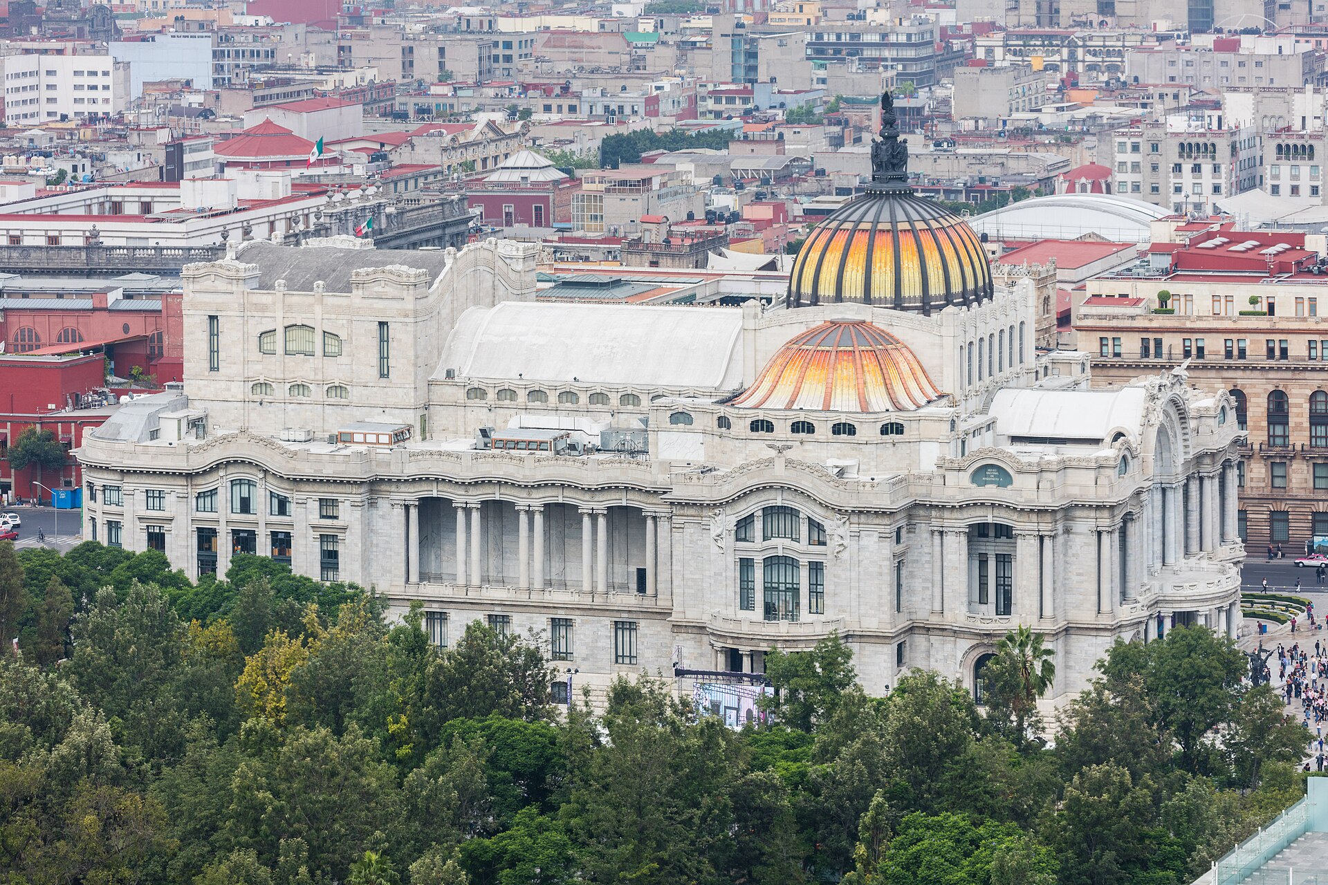 The Palacio de Bellas Artes with its golden domes, seen from above in central Mexico City
