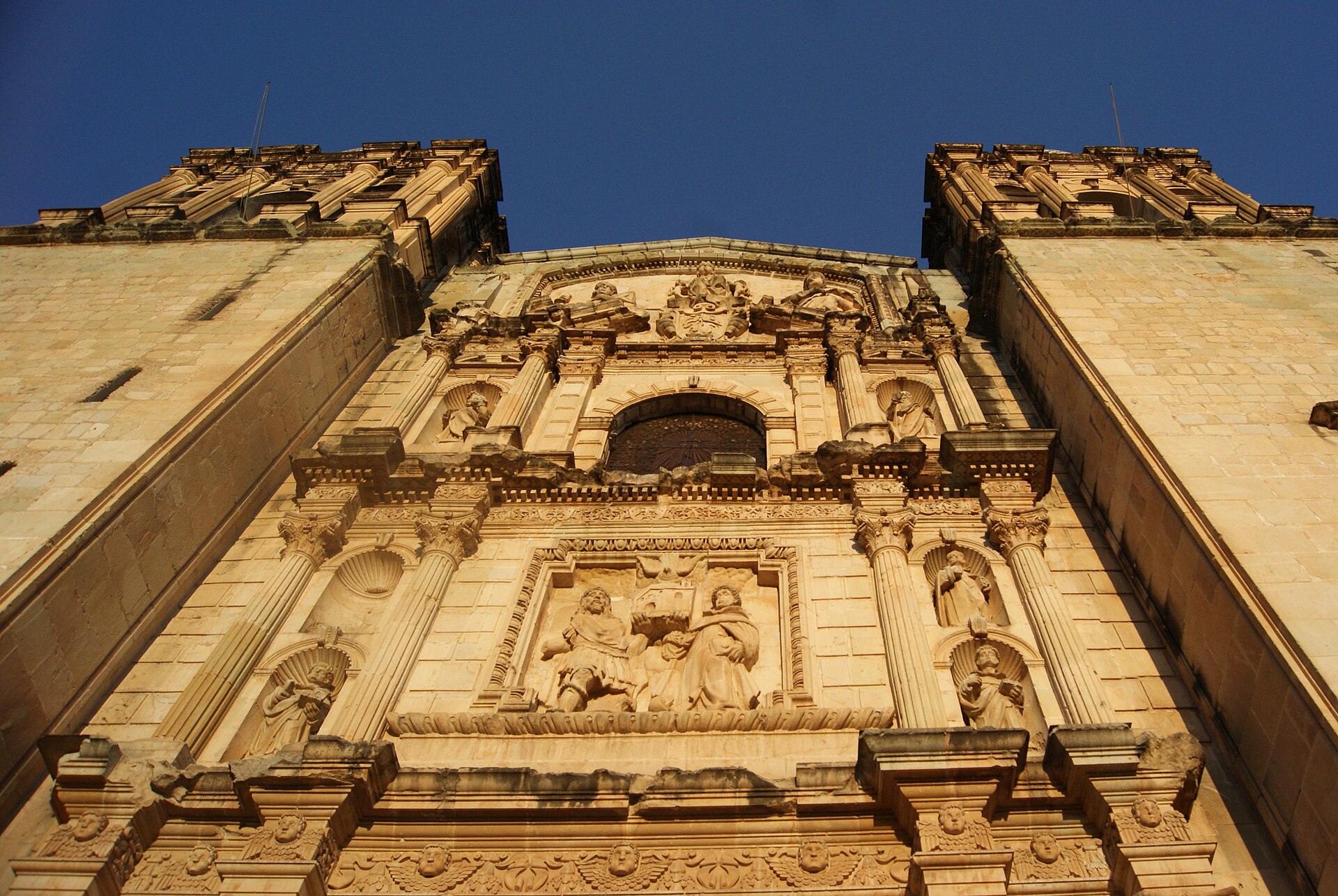 The carved stone façade of the Church of Santo Domingo de Guzmán in Oaxaca
