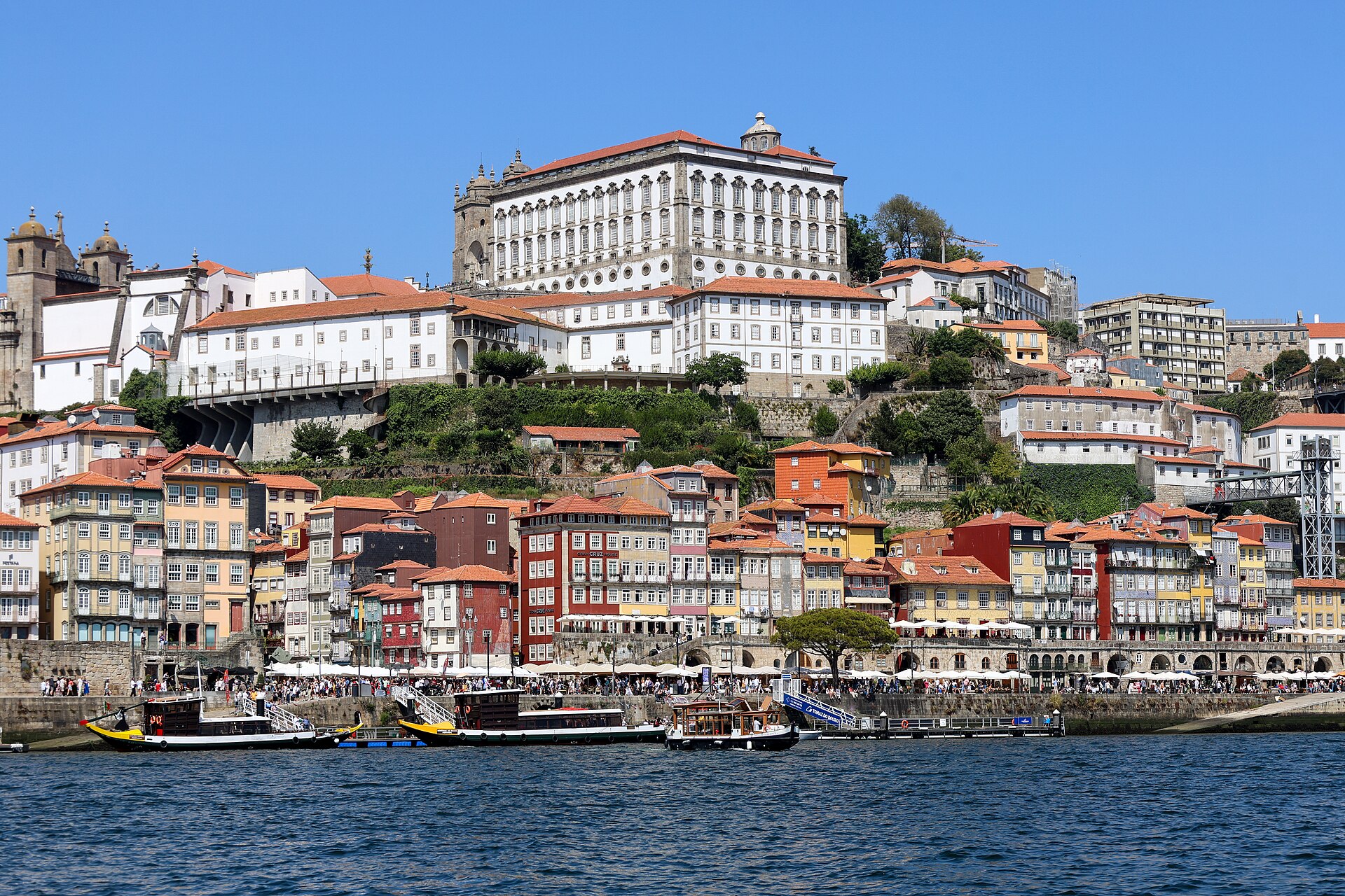 El colorido frente ribereño de la Ribeira de Oporto y el palacio episcopal sobre el río Duero